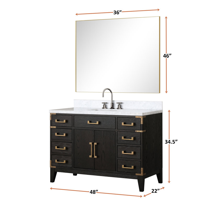 Laurel 48 in W x 22 in D Single Bath Vanity Mirror and Faucet Set, White Carrara Marble, Black Oak