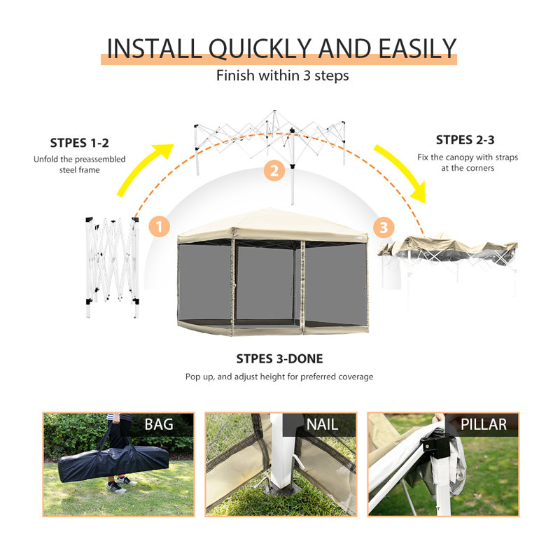 Steel Pop-Up Party Tent Canopy with Mesh Side Walls, Biege, 10 Ft. W x 10 Ft. D