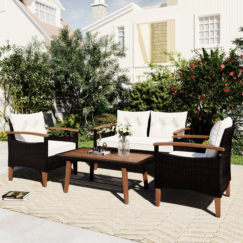 Sièges d'extérieur: 4 places, table en bois, coussins beiges, pieds réglables, housse de table incluse avec bois, brun et beige, coussins épais, pieds,