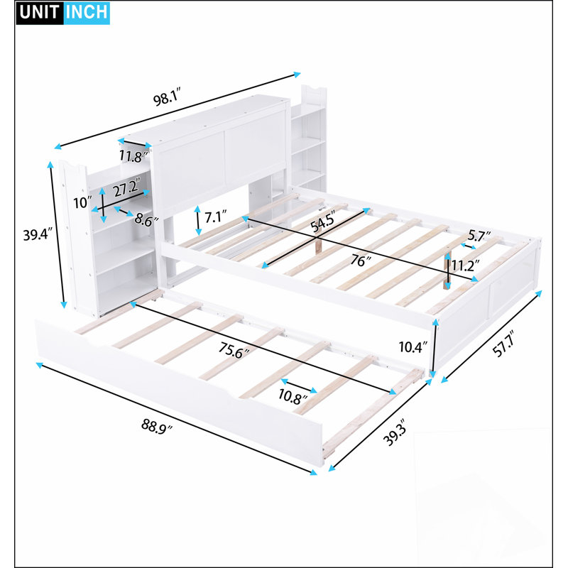 Storage Platform Bed With Pull Out Shelves And Twin Trundle, Full