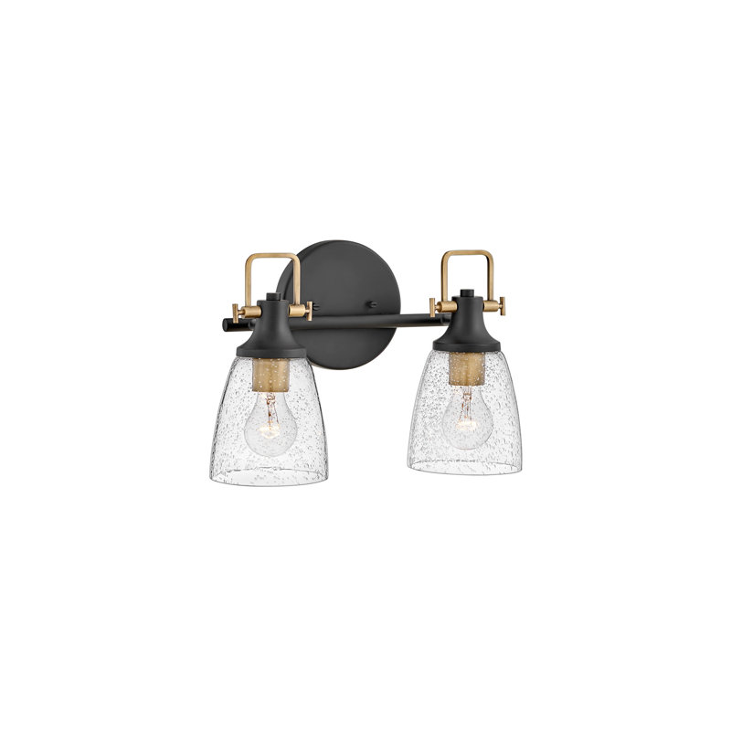 Easton Two-Light Bath Vanity Fixture w/ Clear Seedy Glass Shades, Lacquered Brass/Black