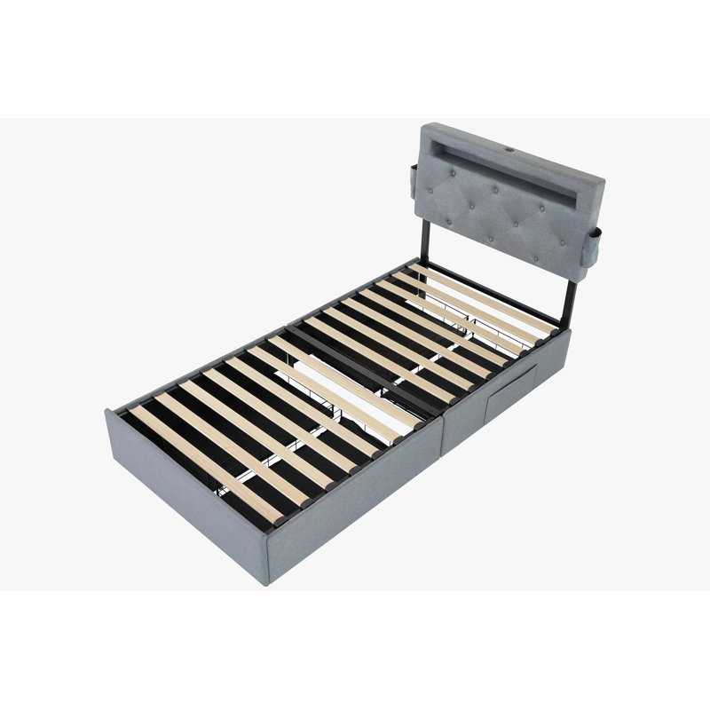 Structure de lit avec station de charge USB, lumières DEL et 4 tiroirs de rangement, Gris clair, Simple