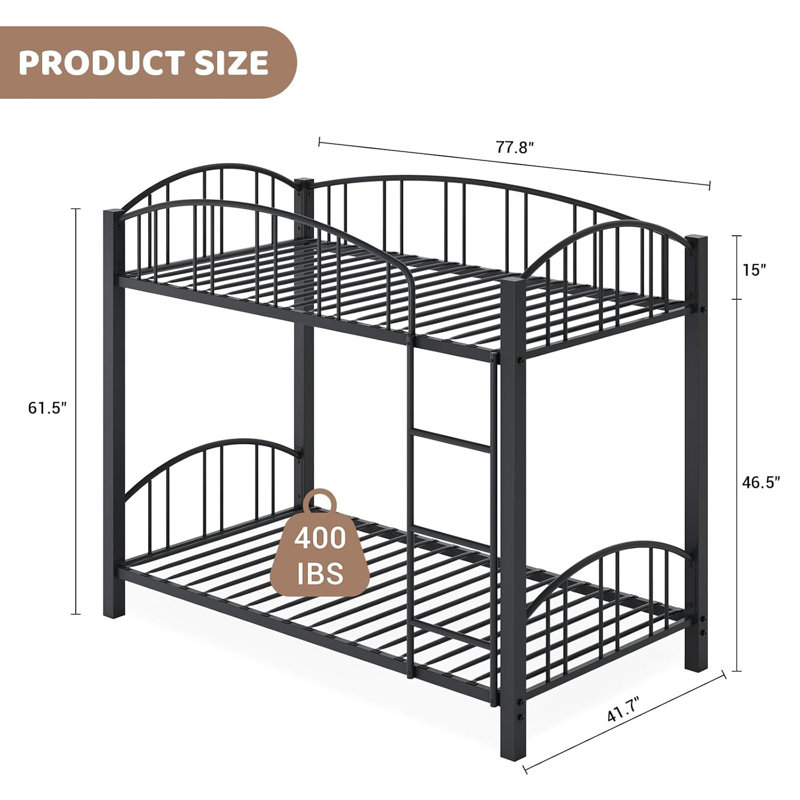 Twin Over Twin Metal Bunk Bed with Arched Guardrail and Safety Ladder, Heavy Duty Steel Frame for Kids, Boys, and Girls, Space-Saving Design, No Box Spring Needed, Modern Gray