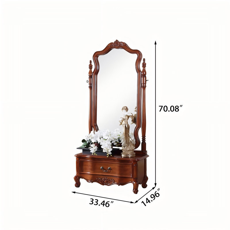 Retro Solid Wood Dressing Mirror with Drawers