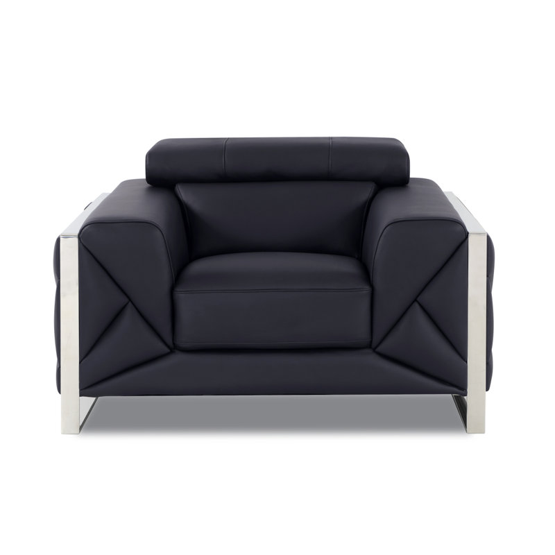 Fauteuil de coin en cuir Tyrena, Argent argent, Cuir noir Tyrena