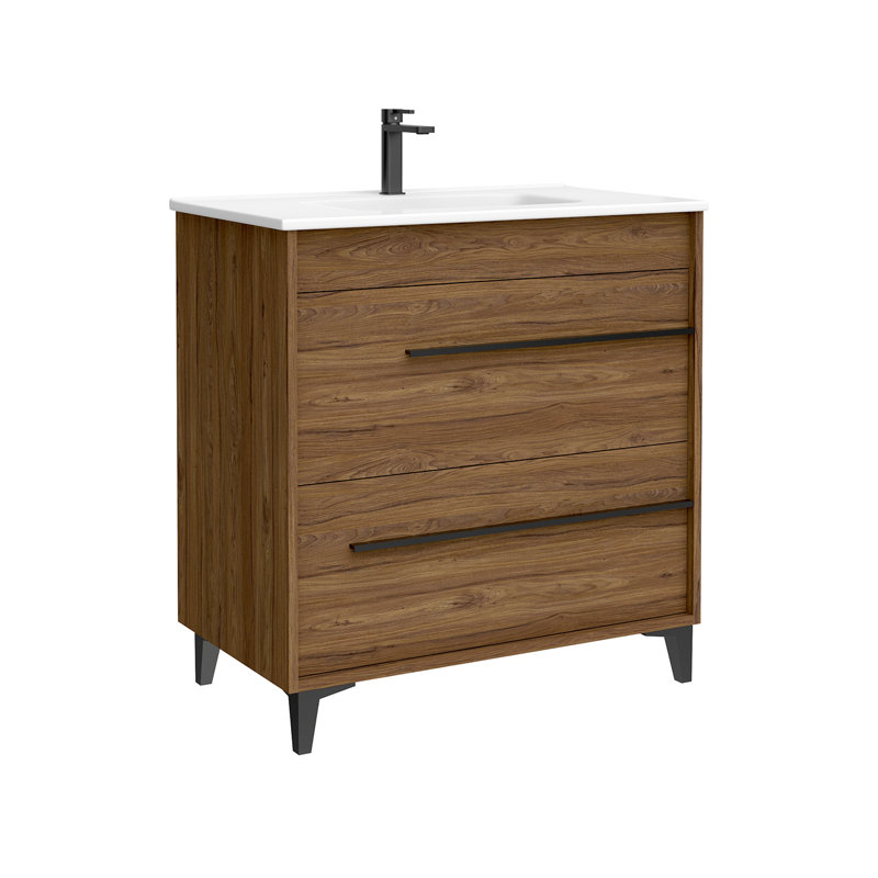 Lotus Freestanding Single Bathroom Vanity with Ceramic Top, Walnut, 32"
