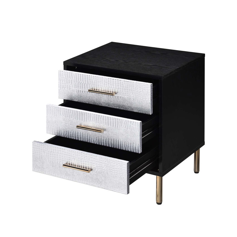 Table de chevet 3 tiroirs avec pieds en métal et design pour chambre à coucher moderne en argent doré