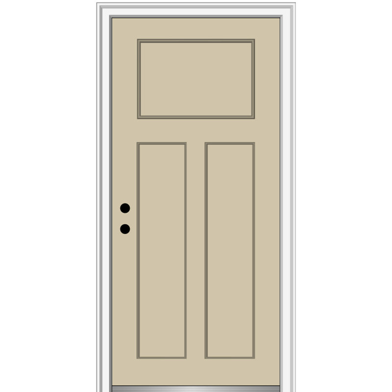 Porte d'entrée pré-suspendue en fibre de verre 3 panneaux Craftsman Shaker, H 80 po x l 36 po x P 1,75 po, Main droite, Naval