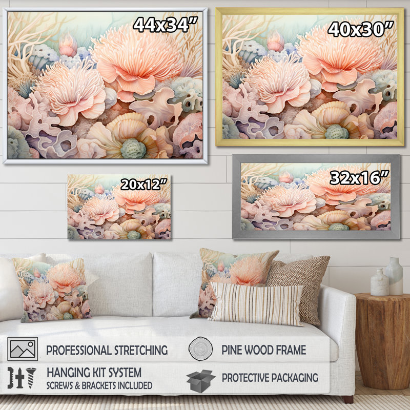 Anémone de mer pastel élégant I, H 34 po x l 44 po x P 1,5 po, Cadre doré simple