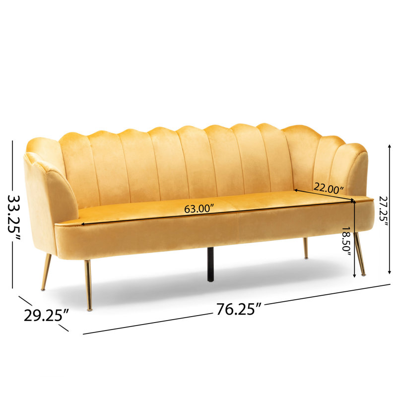Canapé Nika, avec coutures modernes, 76 pouces, bois massif, velours jaune, H 76,25 po x l 29,25 po x P 15 po, Jaune