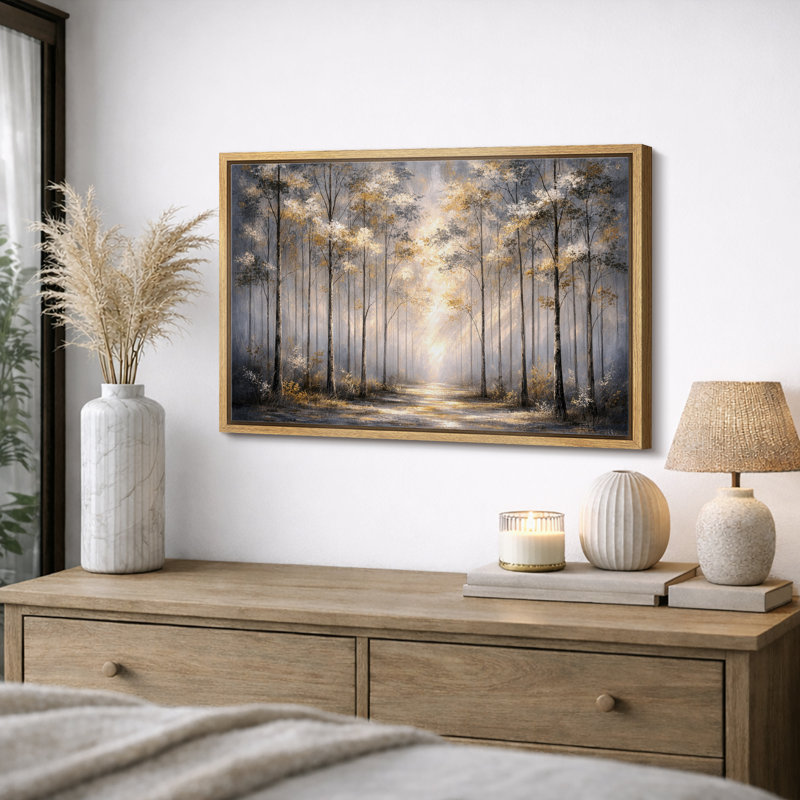 Sunlit Forest Path Artwork, Serene Woodland Living Room Pictures, Framed Canvas Giclee Print Wall Art, Natural Frame
