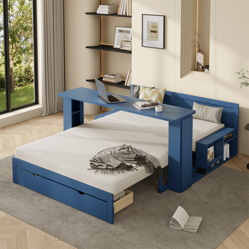 Lit de jour avec bureau amovible, Bleu, Complet/Double