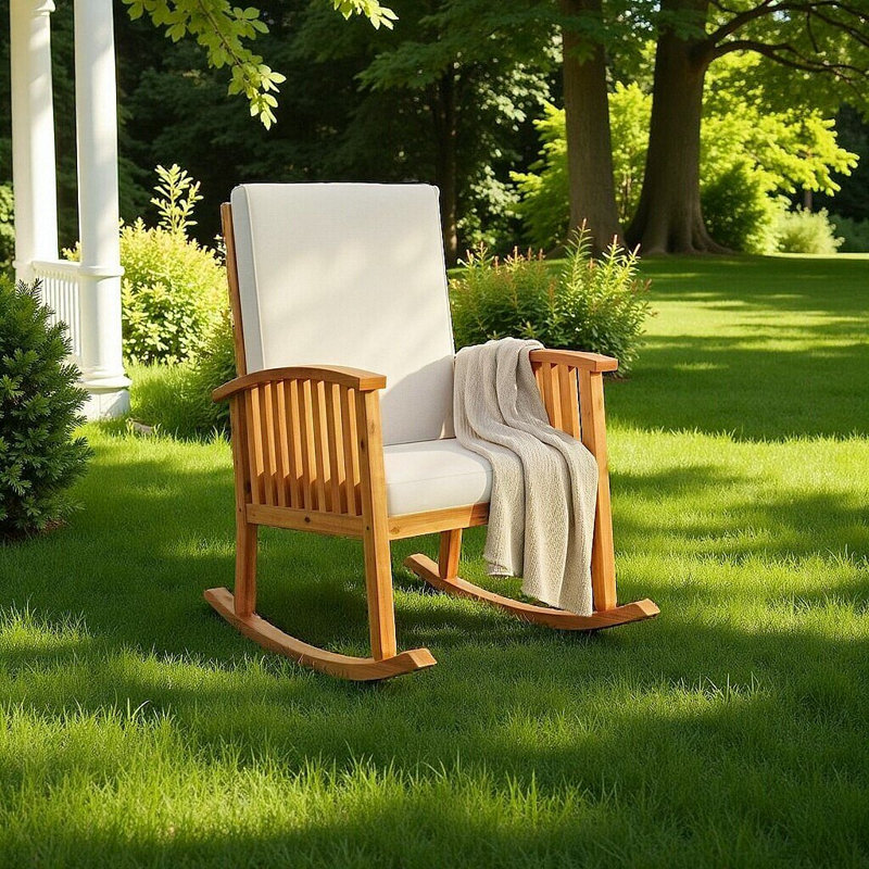 Chaise berçante d'extérieur en bois d'acacia avec coussin en mousse, 1 pièce, Brun