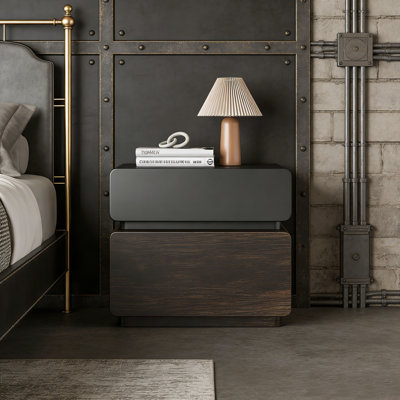 19.68" Fully Assembled Modern Solid Wood Nightstand, Walnut & Black 2-drawer Bedside Table For Bedroom & Small Spaces