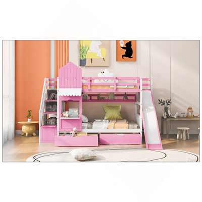 Lit superposé simple au-dessus d'un lit simple avec 2 tiroirs, 3 tablettes et glissière - rose
