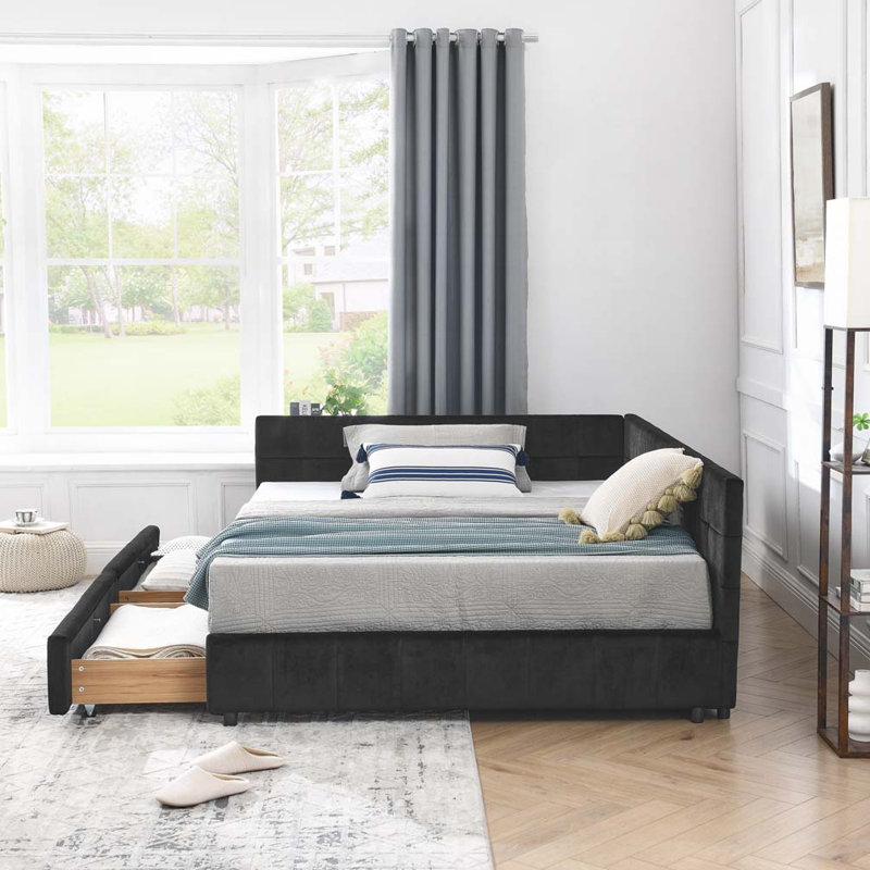 Velvet Storage Daybed, Beige, Full / Double