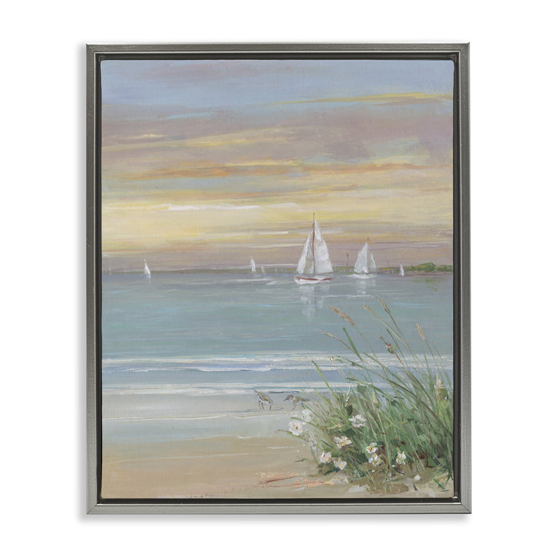Voiliers au-delà du cadre flottant Sandy Shore, design par Sally Swatland, Cadre flottant gris lustré, H 31 po x l 25 po