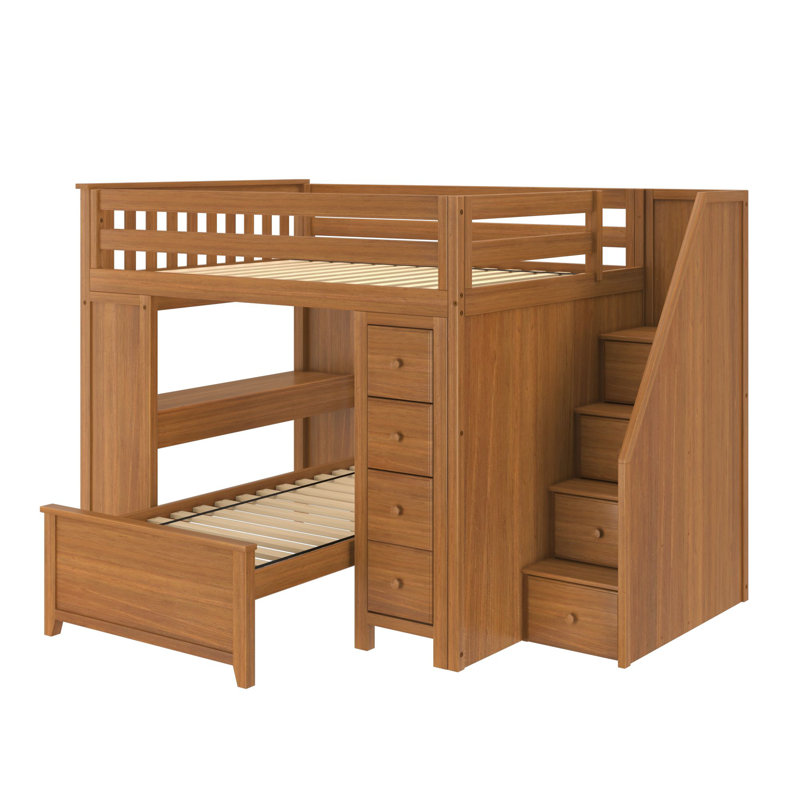 Tawanda Full Over Twin 10 Drawer Solid Wood L-Shaped Bunk Beds With Built-In-Desk, Pecan