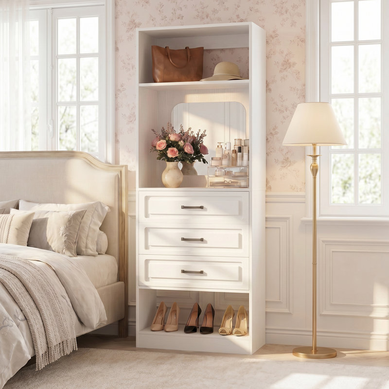 Système de placard avec tiroirs et miroir, Blanc
