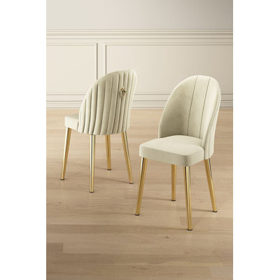Elegant Chair Set (2 Pieces), Cream & Gold, 17.3 x 35.4 x 16.5 inches | 100% Metal Frame, Babyface Fabric | Modern Glam Design, Comfortable 22 DNS Foam Back & 28 DNS Foam Seat, Perfect for Living Room & Dining Areas