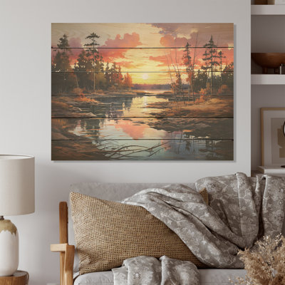 «Sunrise In Canadian River I - Sunrises Sunset», art sur bois de pin naturel