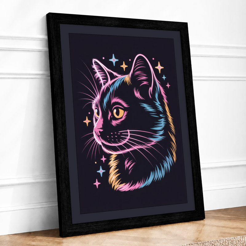 Neon Cat Portrait Modern - Print, A4 - 29.7 x 21.0 cm, Black