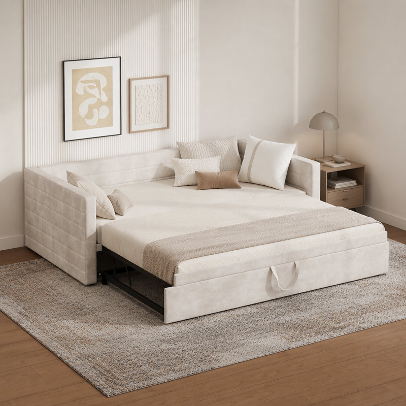Structure de lit de jour rembourré avec lit gigogne, Beige