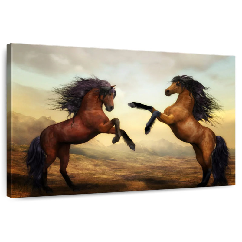 Brampt se battant contre des chevaux bruns, H 26 po x l 39 po