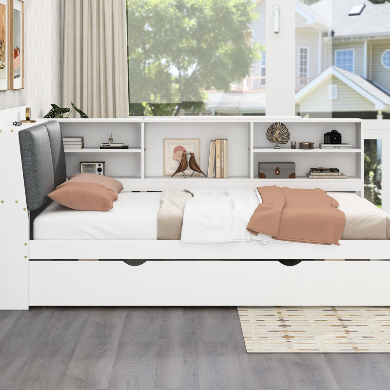 Lit plateforme simple en bois avec lit gigogne, tablettes de tête de lit et tablette confortable avec rangement blanc