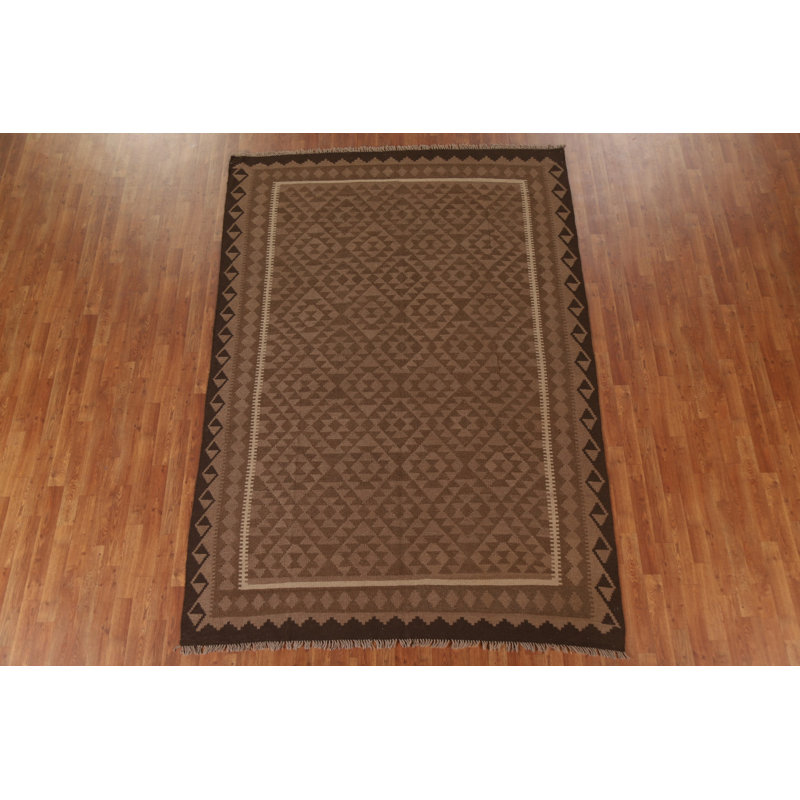 Tapis brun en laine noué à la main de conception unique 6 pi 8 po x 9 pi 8 po New Age