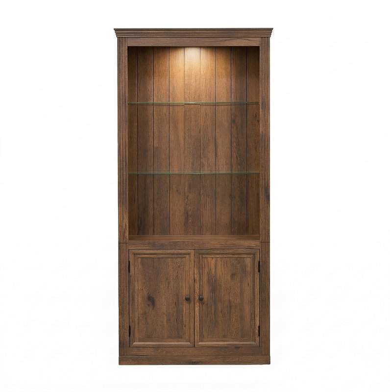 Bibliothèque de campagne autoportante brune à 4 niveaux H 78,75 po avec plafonnier à DEL chaud, armoire de rangement avec portes et tablettes réglables en verre, tablette multifonctionnelle pour la maison et le bureau