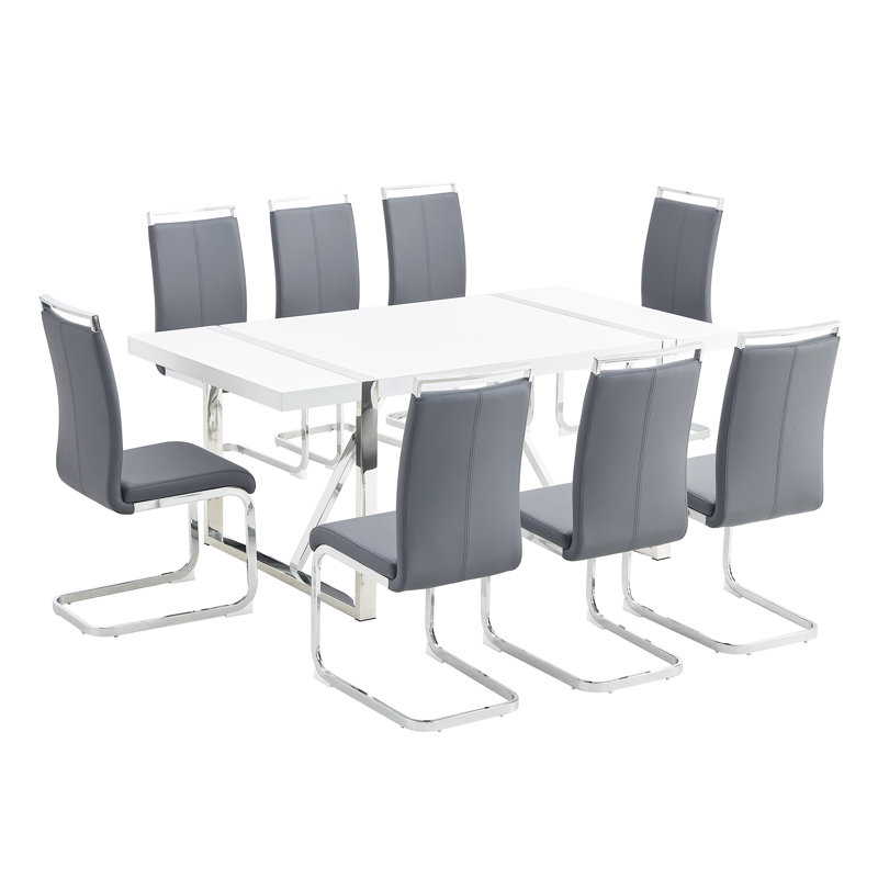 Ensemble de table de salle à manger 9 pièces en bois manufacturé ultrabrillant moderne avec chaises en porte-à-faux en similicuir