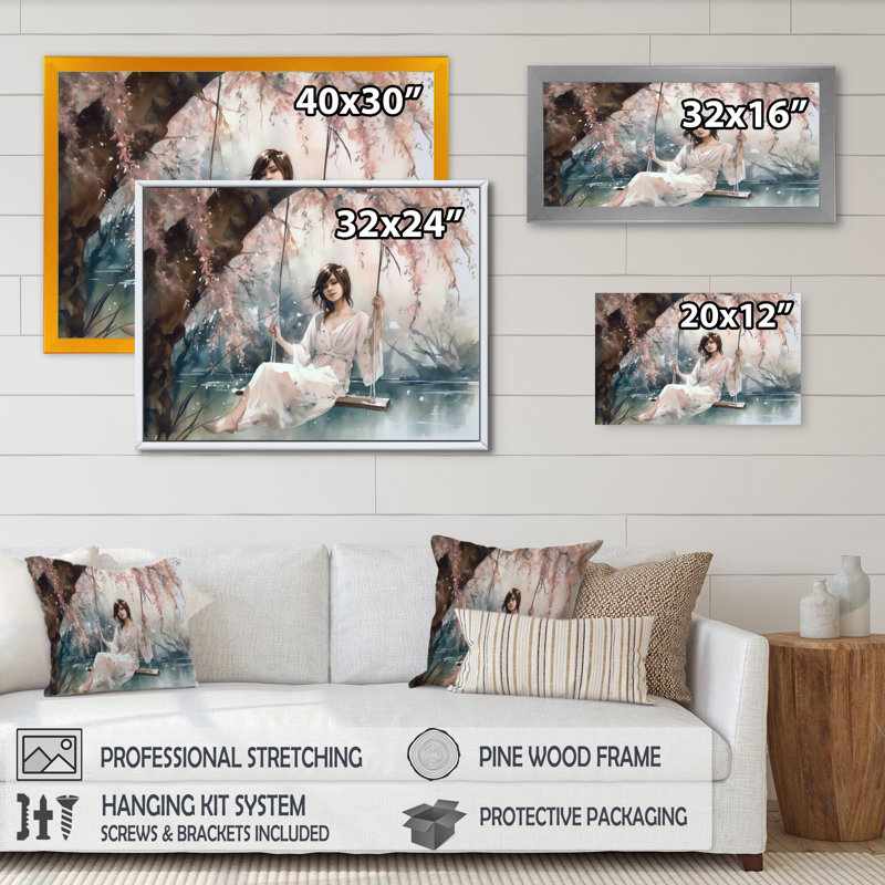 Superbe femme sous un saule IV sur toile, H 24 po x l 32 po x P 1 po, Encadrement doré