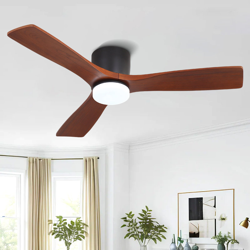 48'' Flush Mount Ceiling Fan 3 Carved Solid Wood Blades 6-Speed Noiseless Reversible DC Motor Indoor With Dimmable Light Kit And Remote, Walnut and Black