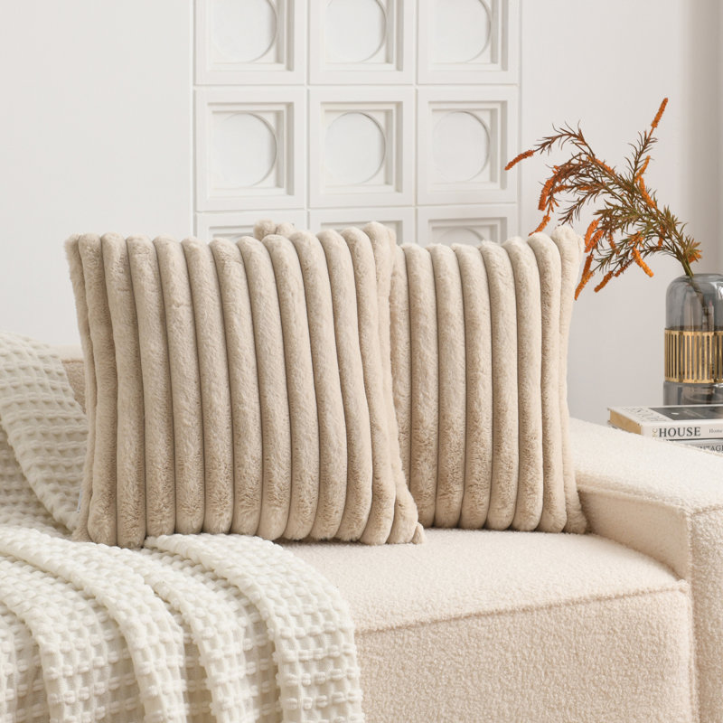 Soft Cozy Faux Rabbit Fur Throw Pillow Covers Striped Decorative  Cushion Covers, Beige, Square 18"