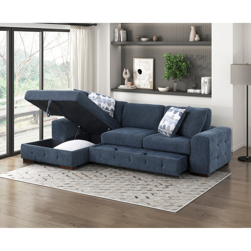 Mobilier de salon en bois massif capitonné 3 pièces avec méridienne gauche, Chenille bleu