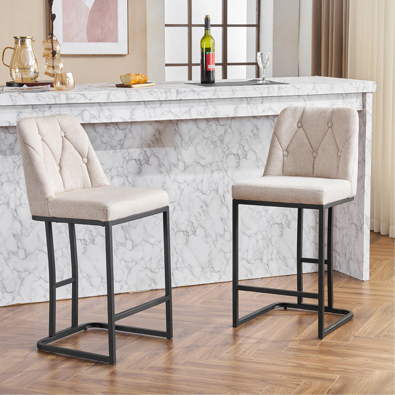 Set Of 2, Modern Upholstered Bar Stool With Button-Tufted Backrest, Counter Height Chair With Sturdy Metal Frame, Comfortable Padded Seat For Kitchen, Bar, Or Dining Room