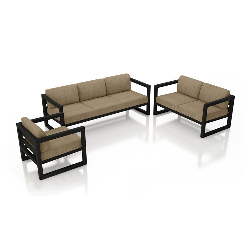 Avion 3 Piece Sofa Loveseat Set, Canvas Heather Beige Sunbrella® Canvas, Black