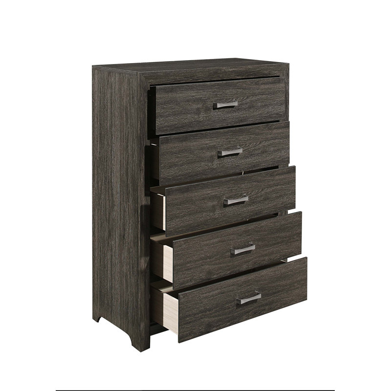 Commode 5 tiroirs contemporaine avec finition gris foncé et poignées chromées pour un rangement moderne dans la chambre à coucher