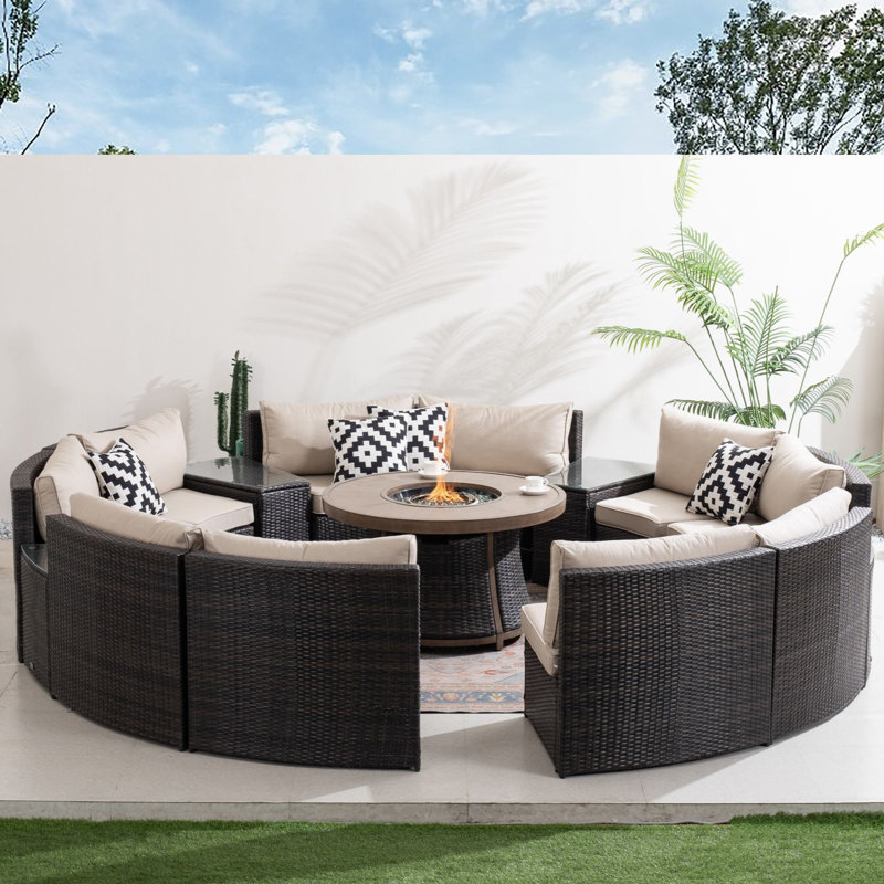 Arrika 10-Person Wicker Round Sectional Seating Group With Cushions, 15 Pcs: Firepit Table, 10 Chairs, 4 End Tables