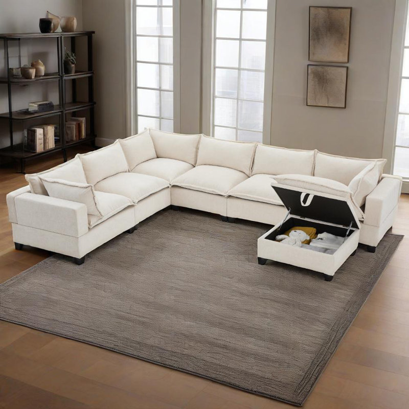 Canapé modulaire en chenille modulaire en forme de U avec repose-pieds 117,5 po, Chenille blanc cassé