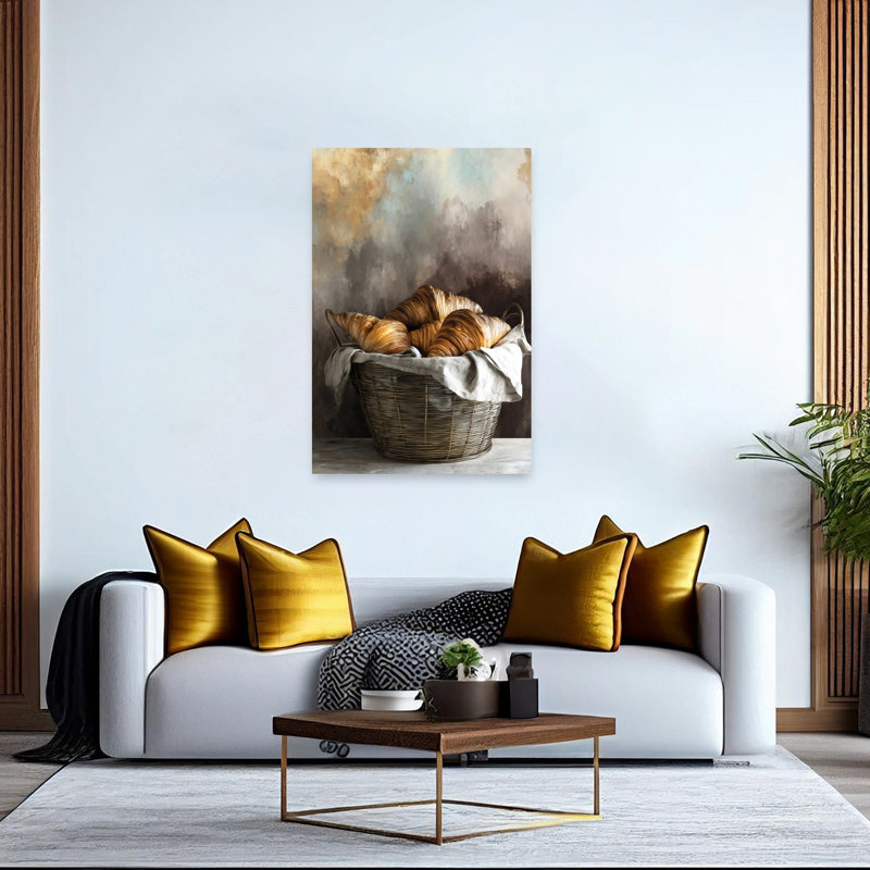 «Golden Croissants Basket», art mural rustique, H 60 po x l 40 po