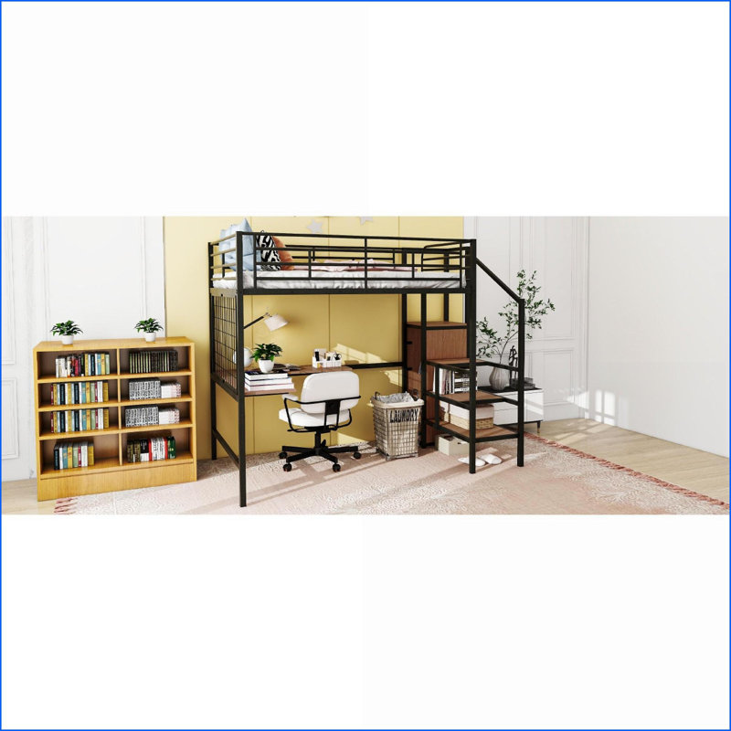 Lit mezzanine double en métal avec bureau, échelle de rangement et amp; Garde-robe - noir