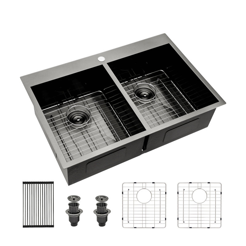 Double Bowl Drop In Sink- 33"X22" Gunmetal Black  Double Bowl Kitchen Sink 16 Gauge With Two 9" Deep Basin