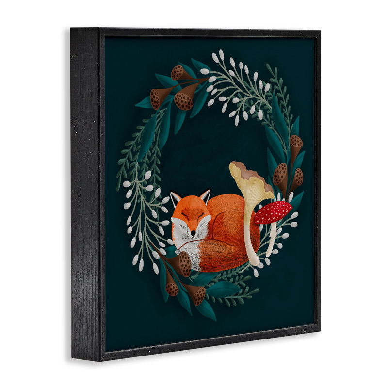 «Sleepy Fox in Botanical Wreath», estampe numérique, design par Metka Hiti, H 12 po x l 12 po, Giclée encadrée noir minuit