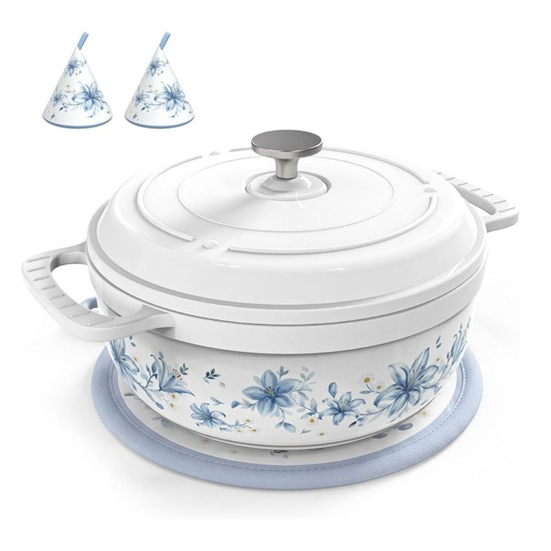 Cocotte en fonte émaillée à motif floral de 7,5 litres avec maniques et dessous de plat pour braiser, mijoter, rôtir et cuire au four