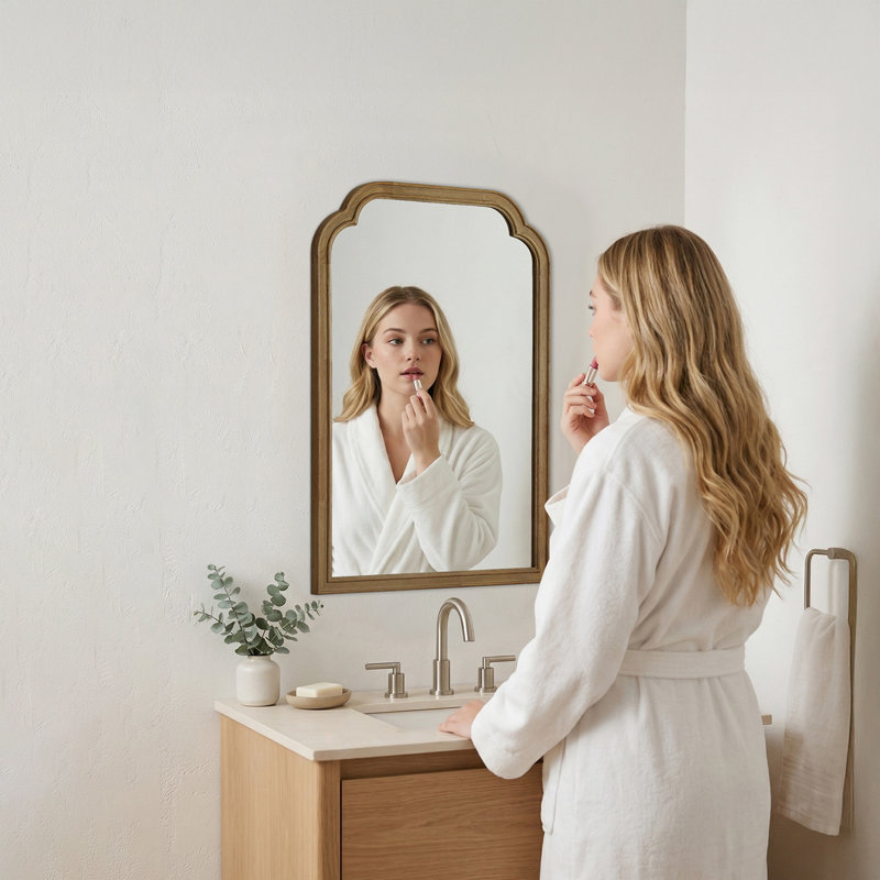 Ancalin Solid Wood Arched Wall Mirror, 30" x 20", Natural Wood