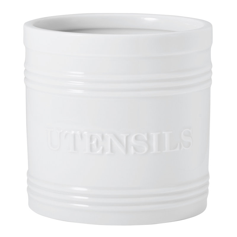 White Ceramic Bistro Utensil Crock with Embossed Design