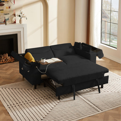 Canapé noir en chenille avec table d'appoint et port USB