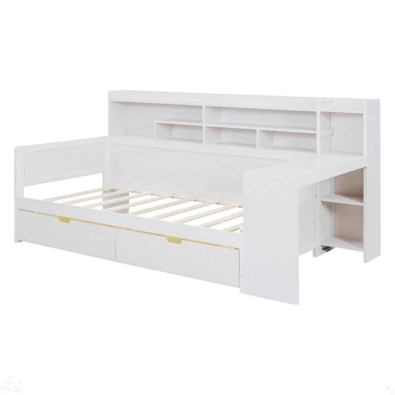 Multi-functional Storage Platform Bed With Desk,  Antique White, Twin